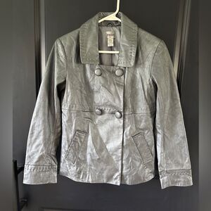 CHICOS Leather Jacket Metallic Gray Double Breasted Chico’s Size 0 / S